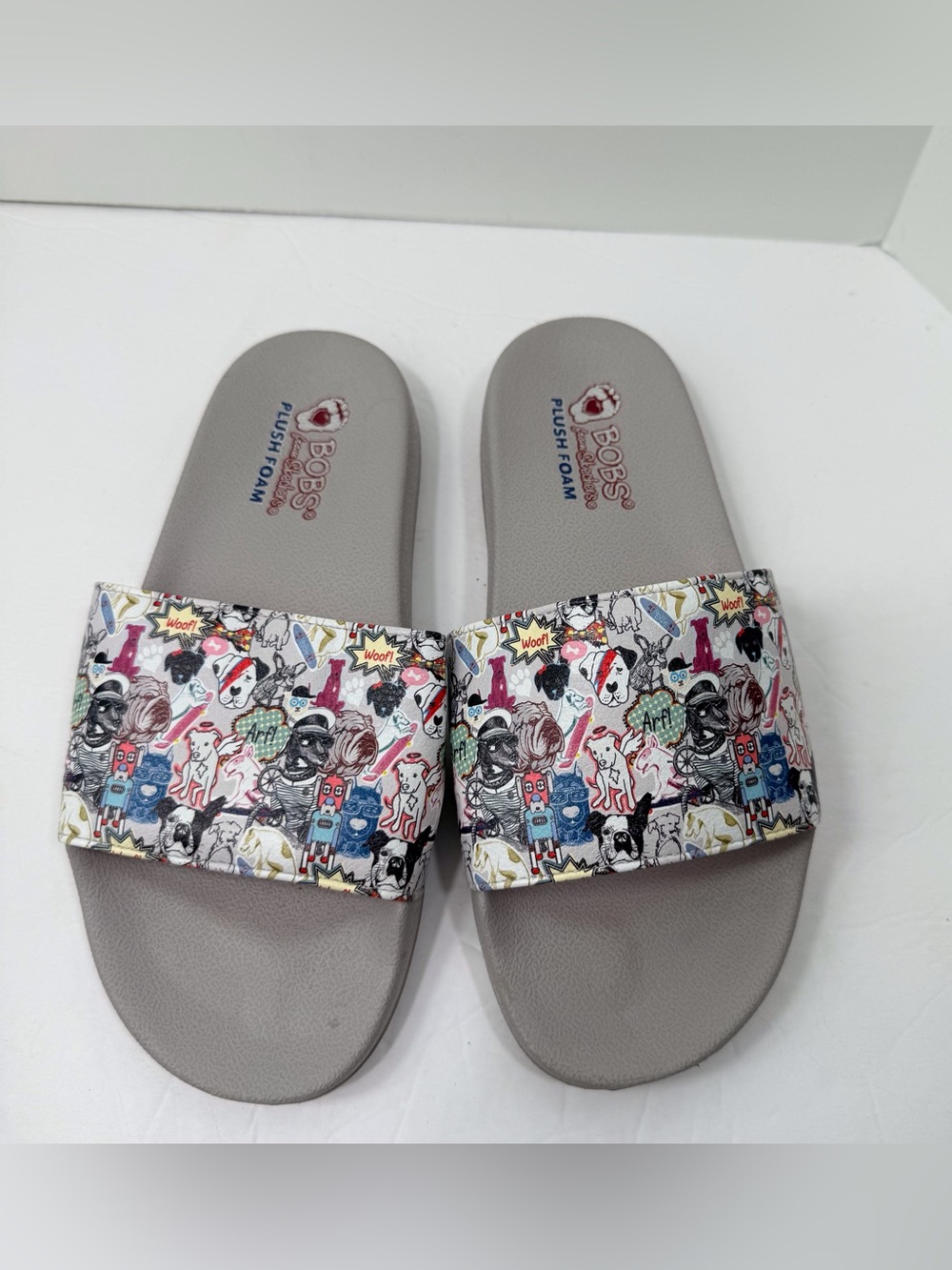 Skechers BOBS Gray Slide Sandals with Multicolor Dogs Print Graphic Strap - Picture 2 of 7